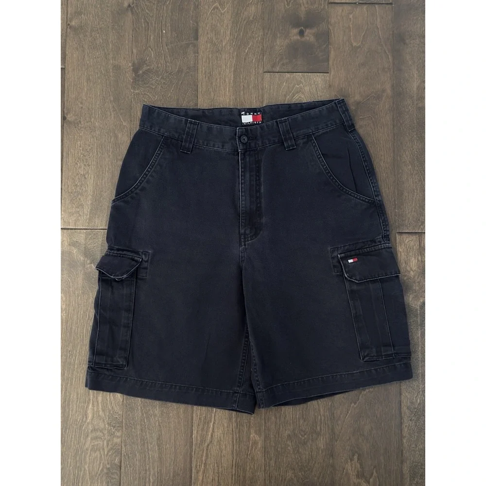 Vintage Tommy Hilfiger Mens Navy Blue Cargo Pocket Flag Logo Shorts Size 31W Y2K